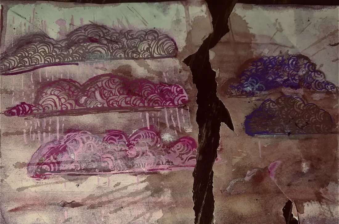 Hand-painted storm clouds in magenta, plum and violet on stained paper, split by a torn black seam